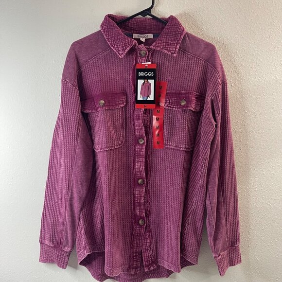 Briggs NWT Women's Relaxed Fit Button Long Sleeve Waffle Shirt Dark Pink - Picture 12 of 16